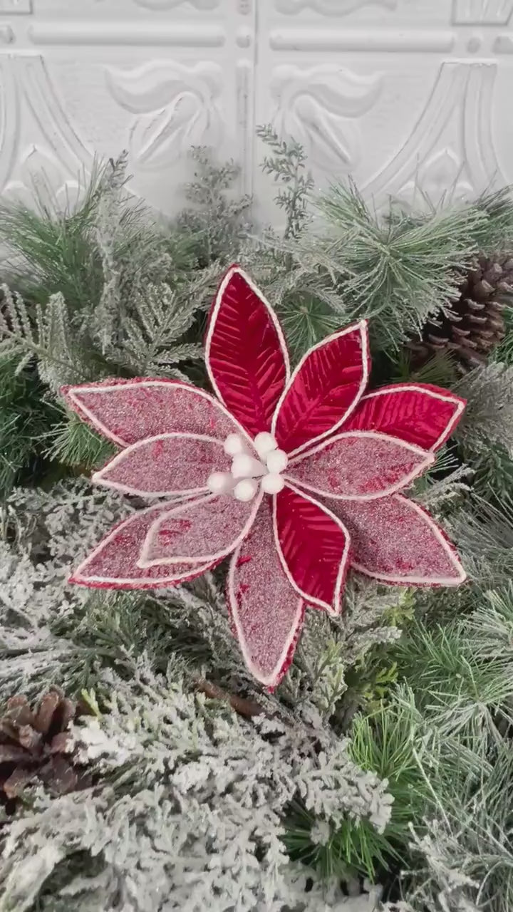 Frosted Poinsettia Stem, Red Poinsettia Stem, Christmas Floral, Holiday Wreath Attachment, Winter Wedding Decor, Red & White Poinsettia Stem