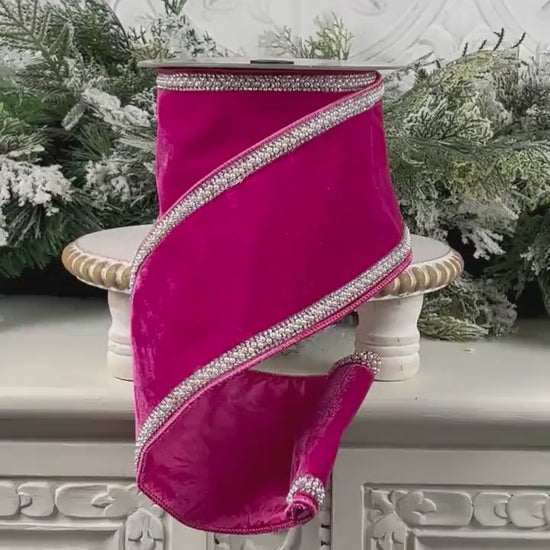 Hot Pink Jeweled Velvet Ribbon, Velvet Ribbon with Pearl and Rhinestone Trim, Luxury Designer Ribbon for Holiday and Wedding Decor