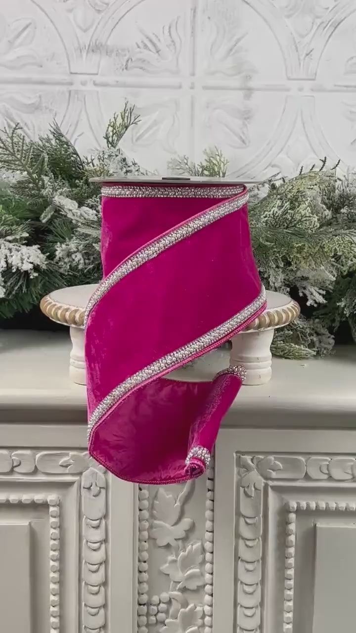 Hot Pink Jeweled Velvet Ribbon, Velvet Ribbon with Pearl and Rhinestone Trim, Luxury Designer Ribbon for Holiday and Wedding Decor