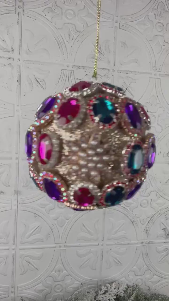 Multicolor Jeweled Brooch Ornament, Christmas Ball with Sparkling Gems for Traditional or Vintage-Inspired Styling, Jewel Ornament