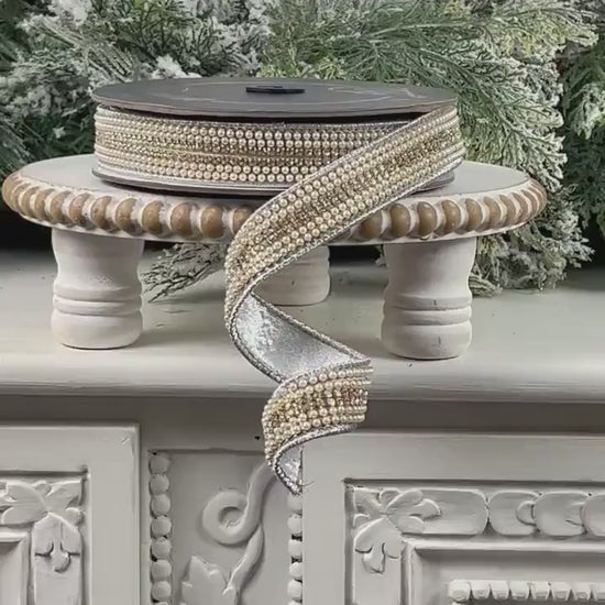 Farrisilk Pearls and Gems Ribbon, Jeweled Silver Designer Ribbon for Holiday or Year Round Decor