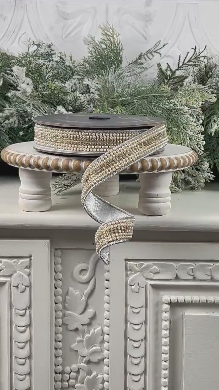 Farrisilk Pearls and Gems Ribbon, Jeweled Silver Designer Ribbon for Holiday or Year Round Decor