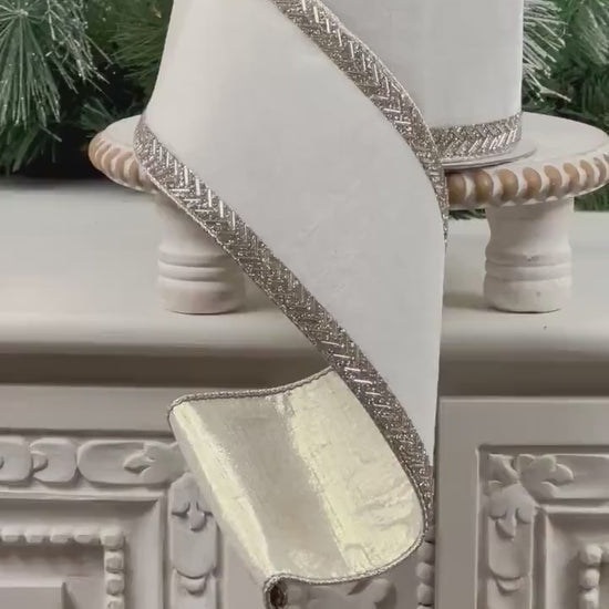 White Velvet Jeweled Ribbon, Farrisilk Chevron Trim Ribbon, Elegant Wired Designer Ribbon, Winter Wedding Ribbon, Luxury Holiday Decor