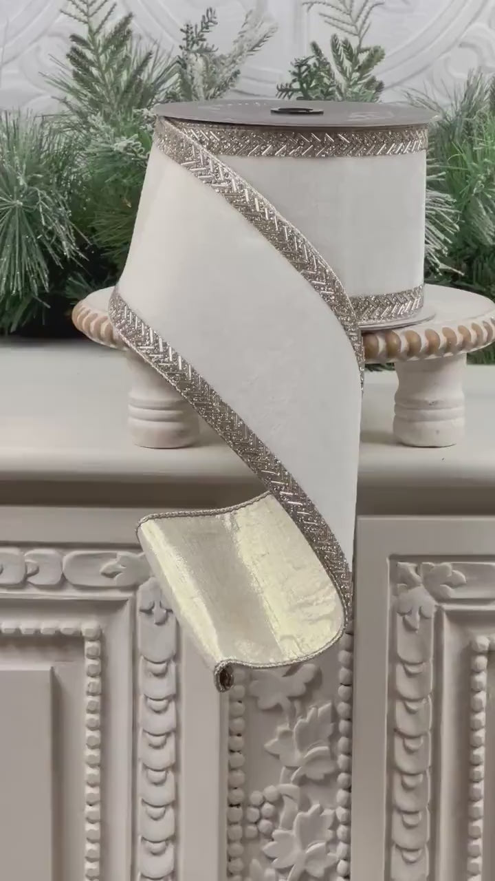 White Velvet Jeweled Ribbon, Farrisilk Chevron Trim Ribbon, Elegant Wired Designer Ribbon, Winter Wedding Ribbon, Luxury Holiday Decor