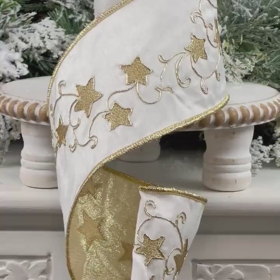 Farrisilk Embroidered Star Ribbon, White and Gold Wired Ribbon with Stars, Christmas Tree Trimming
