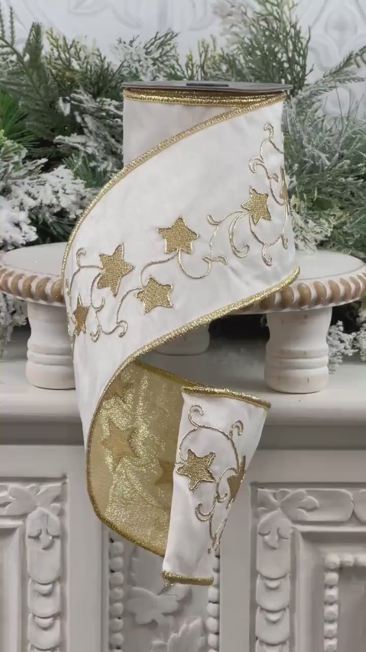 Farrisilk Embroidered Star Ribbon, White and Gold Wired Ribbon with Stars, Christmas Tree Trimming