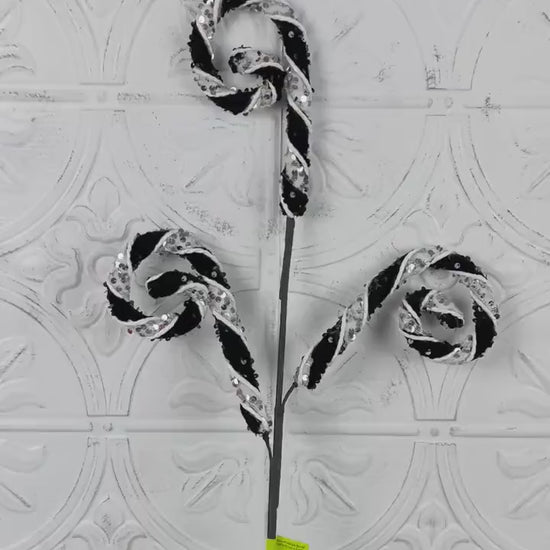 Black and White Curly Spray, Sequin Holiday Pick, Candy Cane Stripe Stem, Wreath Accent, Christmas Tree Decor