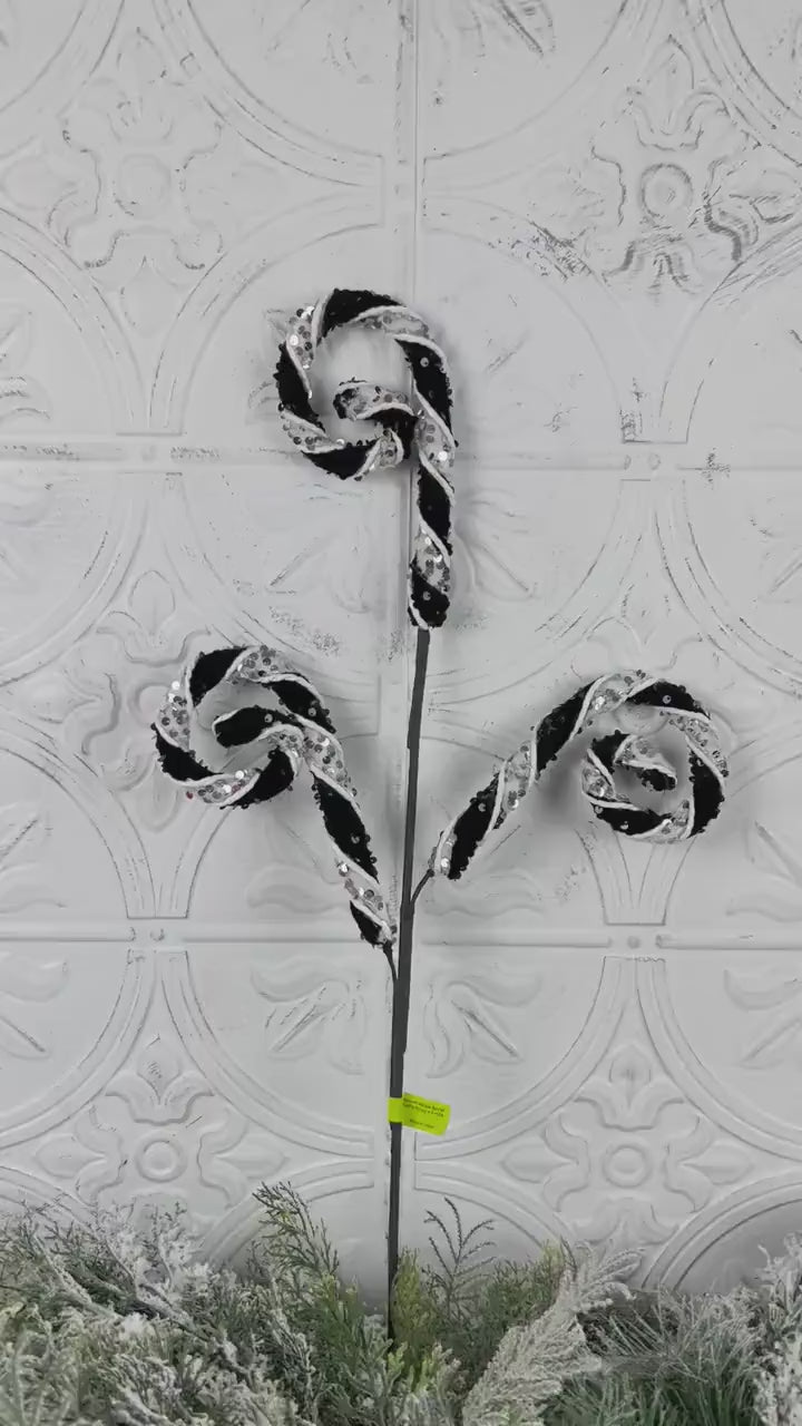 Black and White Curly Spray, Sequin Holiday Pick, Candy Cane Stripe Stem, Wreath Accent, Christmas Tree Decor