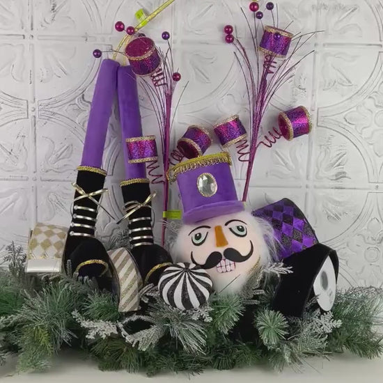 Nutcracker Wreath Attachment, Purple Nutcracker Decor with Drums & Holiday Sprays, Designer Christmas Craft Supply