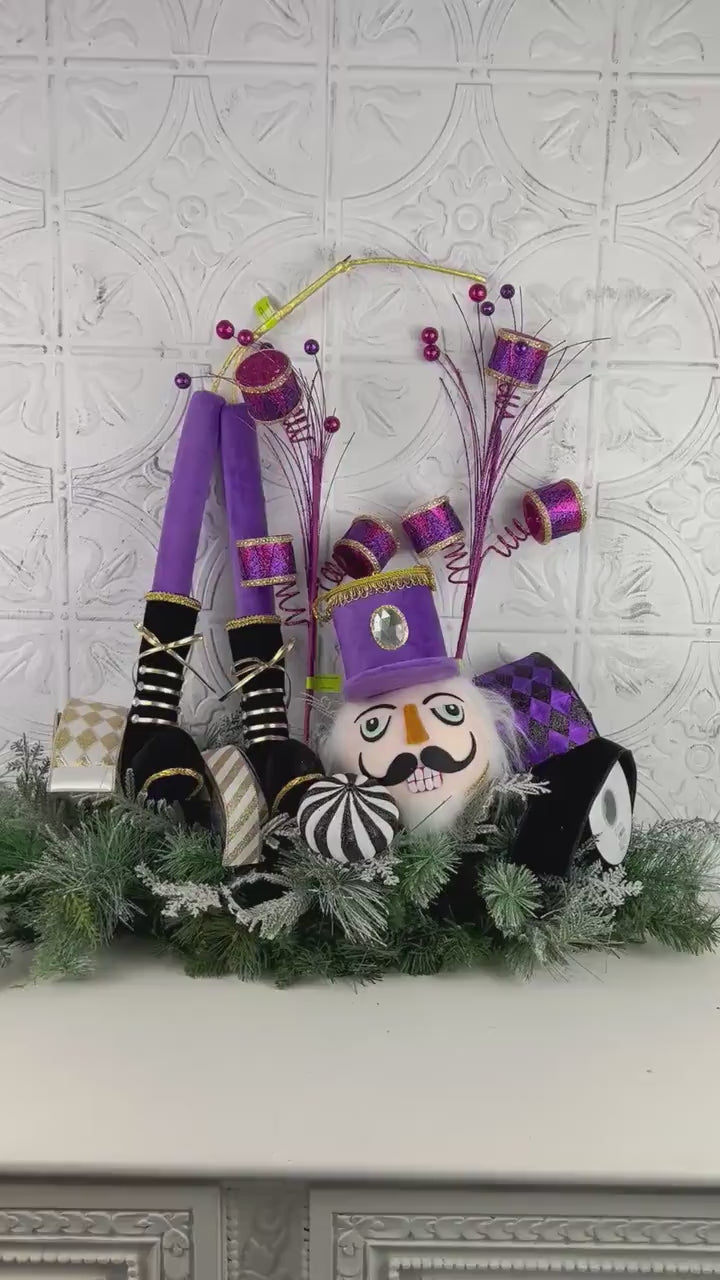 Nutcracker Wreath Attachment, Purple Nutcracker Decor with Drums & Holiday Sprays, Designer Christmas Craft Supply