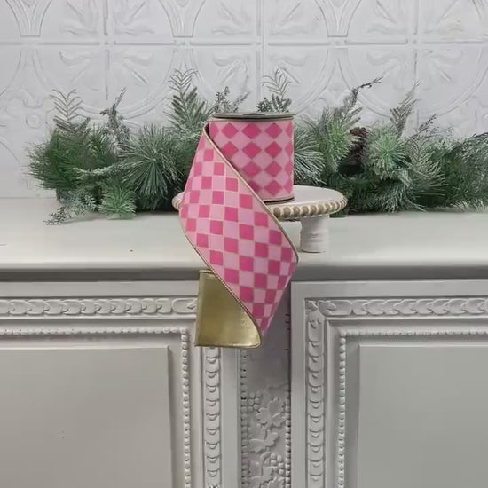 Fuchsia and Pink Harlequin Ribbon,  Pink and Gold Jester Ribbon, Gold Backed Harlequin Ribbon, 4" Wired Harlequin Ribbon, Designer Ribbon