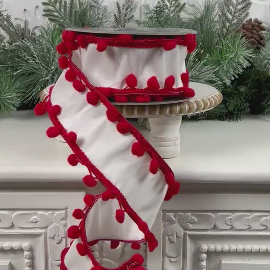 White Ribbon with Red Pom Pom Trim, Pom Pom Edge Trimmed White Ribbon, Red and White Christmas Ribbon, Red and White Holiday Ribbon,