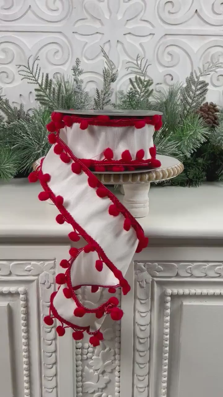 White Ribbon with Red Pom Pom Trim, Pom Pom Edge Trimmed White Ribbon, Red and White Christmas Ribbon, Red and White Holiday Ribbon,