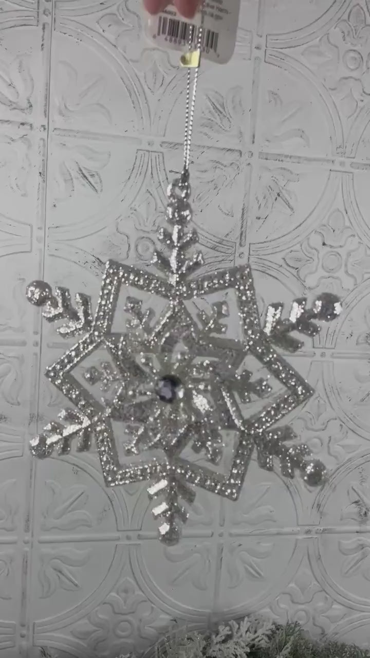 Silver Snowflake Ornament – 5" Rhinestone Christmas Wreath Attachment, Tree Decor Accent, DIY Holiday Embellishment, Jeweled Ornament