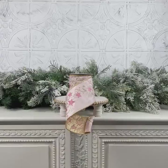 Farrisilk Embroidered Star Ribbon, Pink and Gold Wired Ribbon with Stars, Christmas Tree Trimming