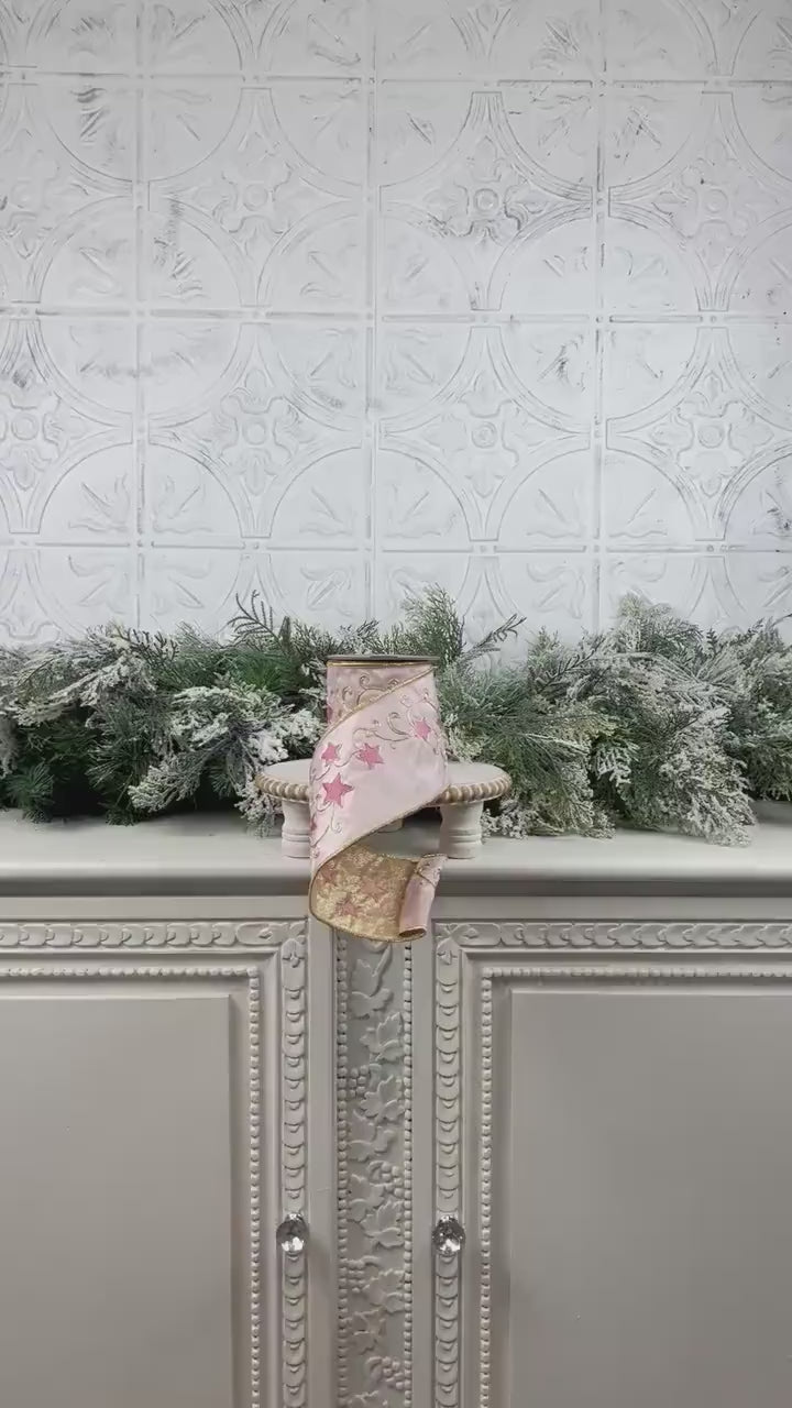 Farrisilk Embroidered Star Ribbon, Pink and Gold Wired Ribbon with Stars, Christmas Tree Trimming