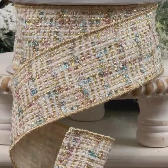 Farrisilk Cream Gold and Blue Tweed Ribbon, Multi-Colored Wired Ribbon, Luxury Holiday Ribbon for Wreaths