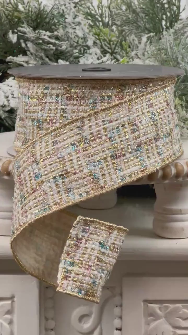 Farrisilk Cream Gold and Blue Tweed Ribbon, Multi-Colored Wired Ribbon, Luxury Holiday Ribbon for Wreaths