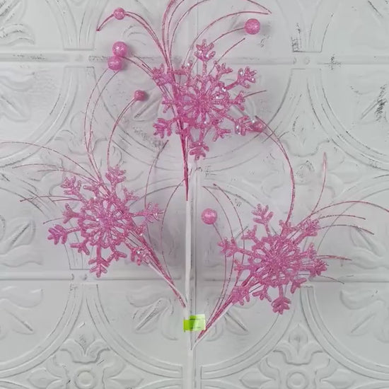 Pink Snowflake Spray, Glittered Christmas Pick, Winter Wonderland Stem, Tree Topper Accent, Elegant Holiday Decor