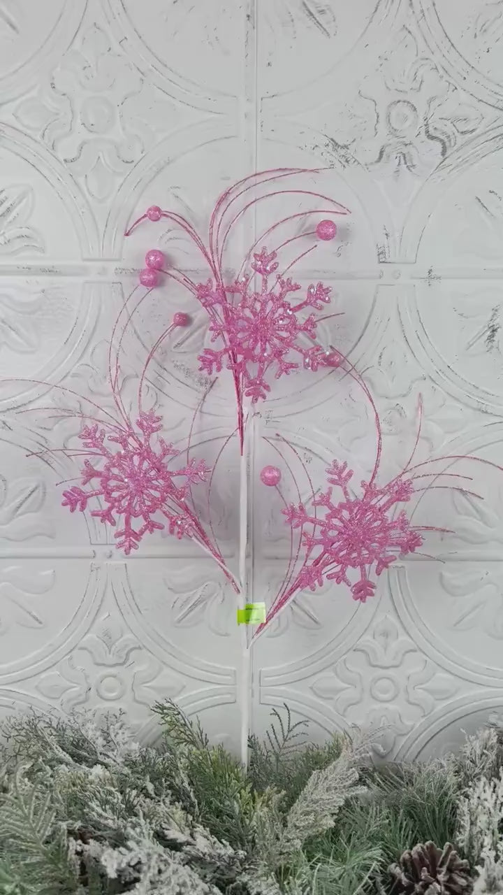 Pink Snowflake Spray, Glittered Christmas Pick, Winter Wonderland Stem, Tree Topper Accent, Elegant Holiday Decor