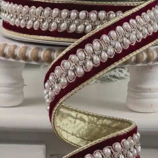 Farrisilk Pearl Necklace Ribbon, Garnet Velvet Ribbon with Pearls, Luxury Holiday and Wedding Decor