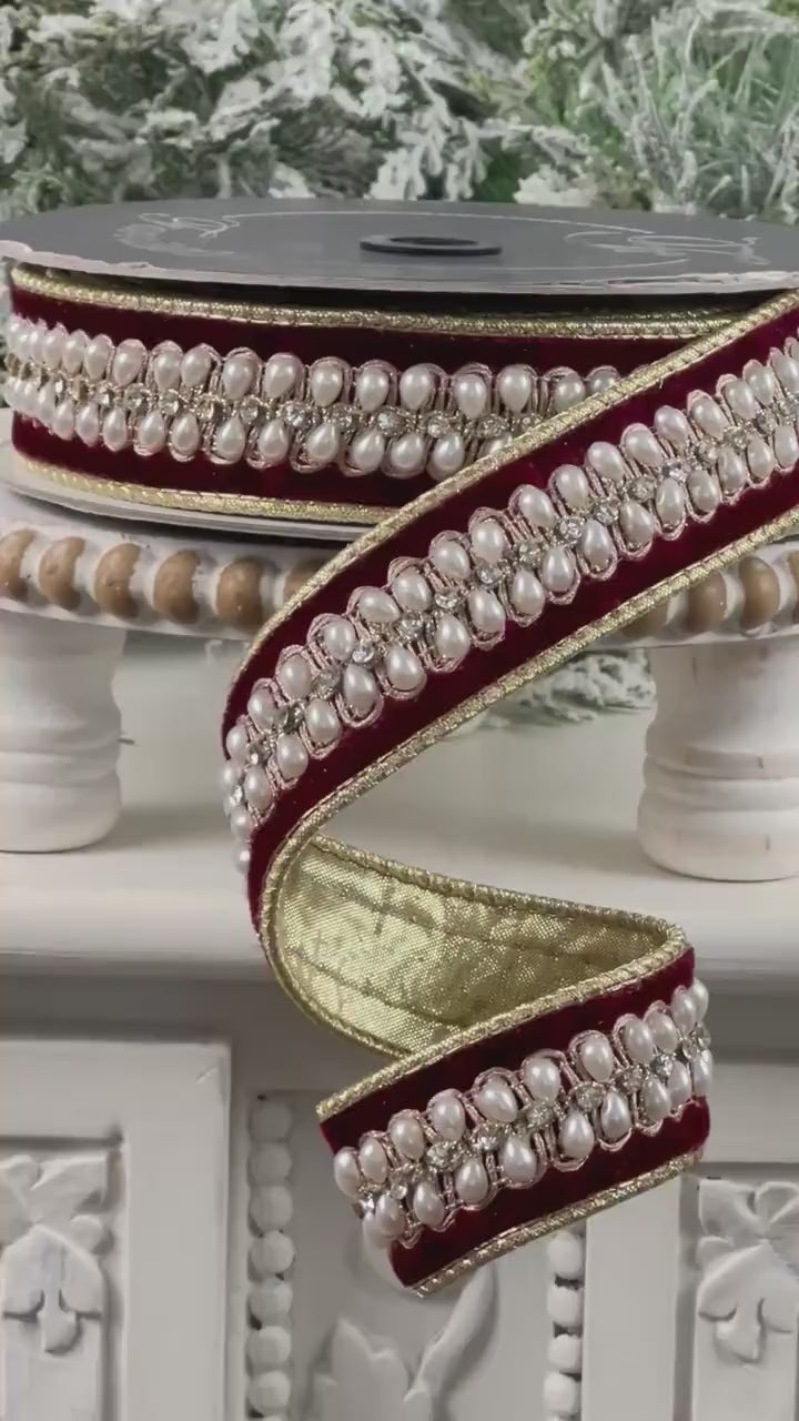 Farrisilk Pearl Necklace Ribbon, Garnet Velvet Ribbon with Pearls, Luxury Holiday and Wedding Decor