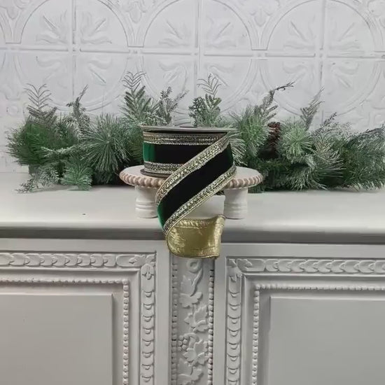 D Stevens Jewel Trimmed Emerald Green Velvet Ribbon, Jeweled Velvet Rhinestone Trim for Elegant Decor