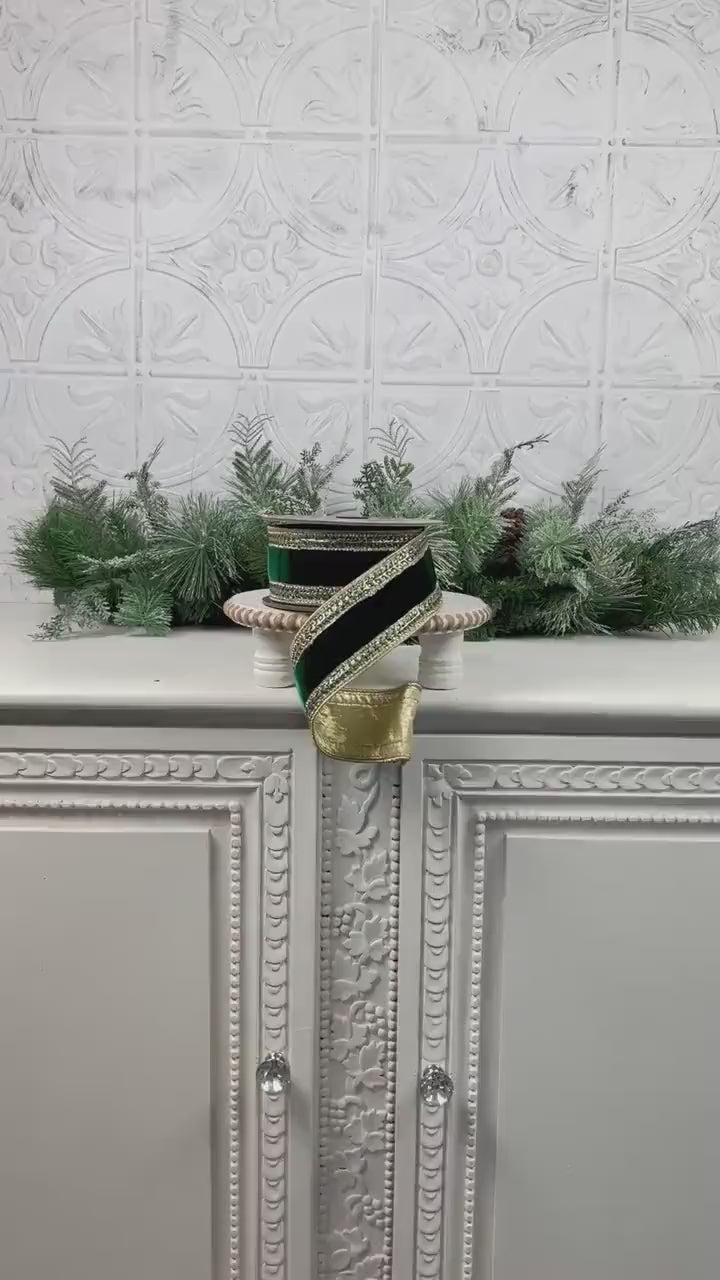 D Stevens Jewel Trimmed Emerald Green Velvet Ribbon, Jeweled Velvet Rhinestone Trim for Elegant Decor