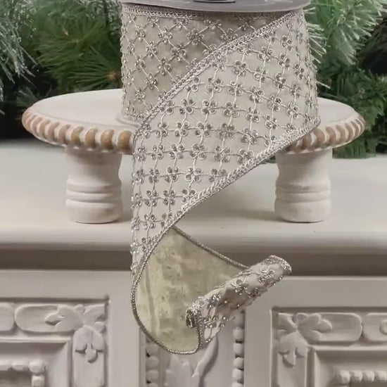 Platinum Jeweled Ribbon, Farrisilk Designer Ribbon, Silver Embellished Holiday Ribbon, Luxury Wedding Ribbon, Elegant Wired Ribbon