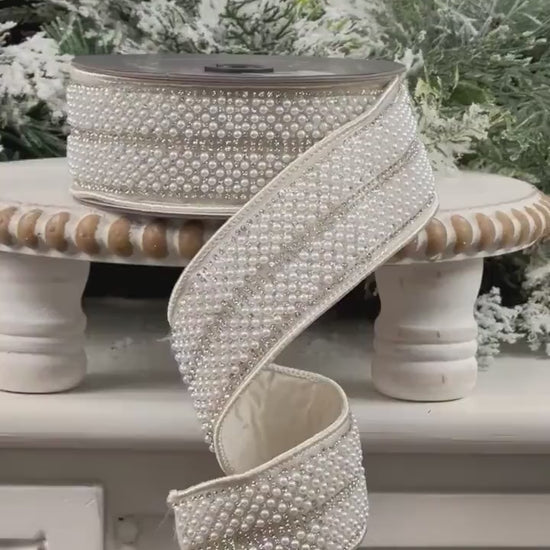 Farrisilk Audrey Pearls Ribbon, Ivory Pearl and Rhinestone Wired Ribbon, Jeweled Holiday Ribbon