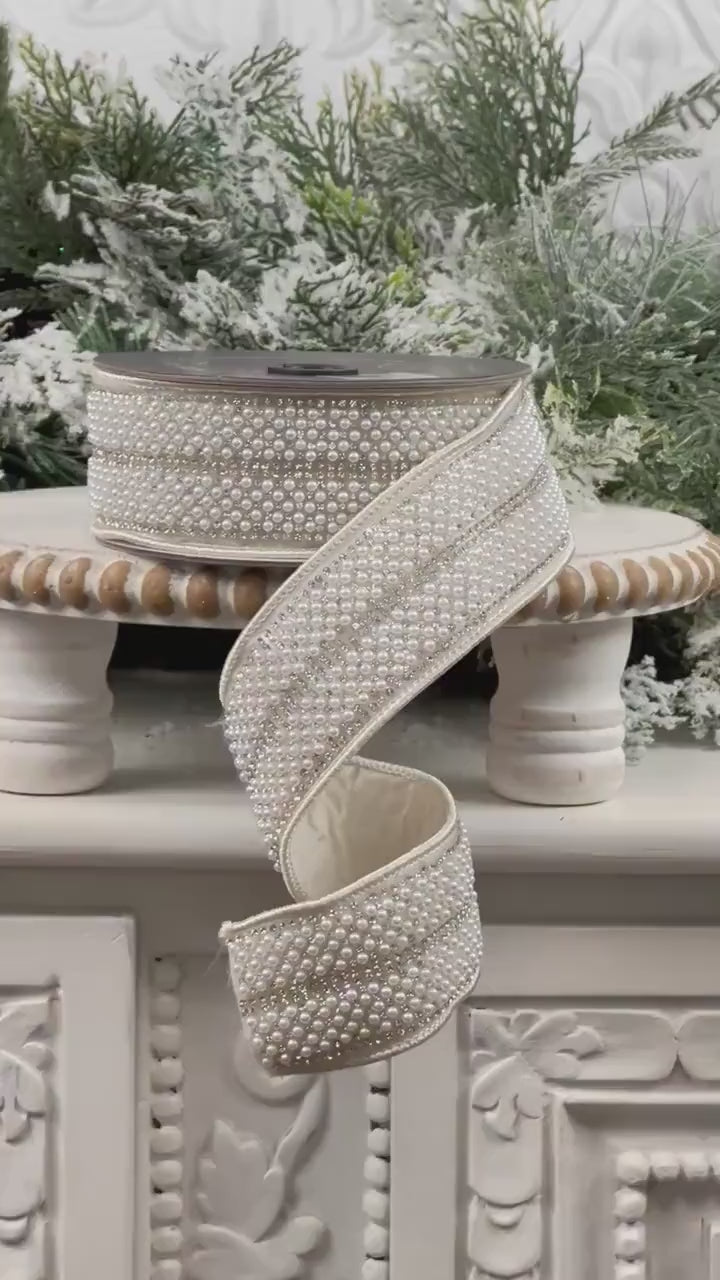 Farrisilk Audrey Pearls Ribbon, Ivory Pearl and Rhinestone Wired Ribbon, Jeweled Holiday Ribbon