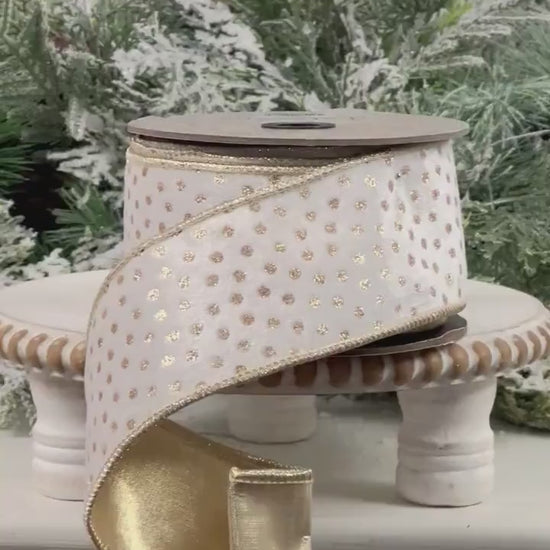 D. Stevens White and Gold Velvet Ribbon, Gold Polka Dot Velvet Ribbon, Elegant Designer Ribbon for Holiday and Wedding Decor