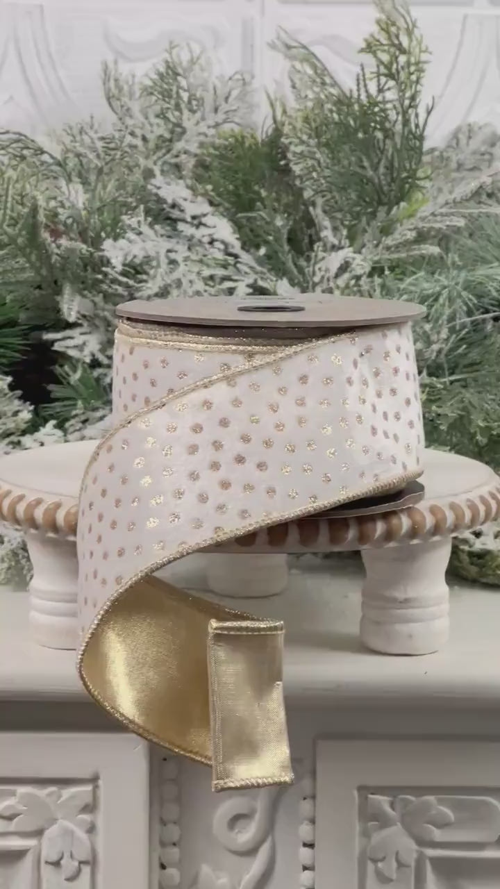 D. Stevens White and Gold Velvet Ribbon, Gold Polka Dot Velvet Ribbon, Elegant Designer Ribbon for Holiday and Wedding Decor