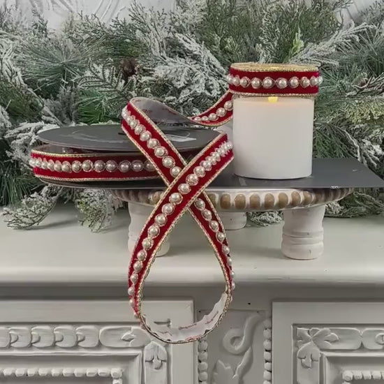 Farrisilk Pearl Border Ornamate, Red Velvet Adhesive Trim, Designer Holiday Wedding Pearl Trim