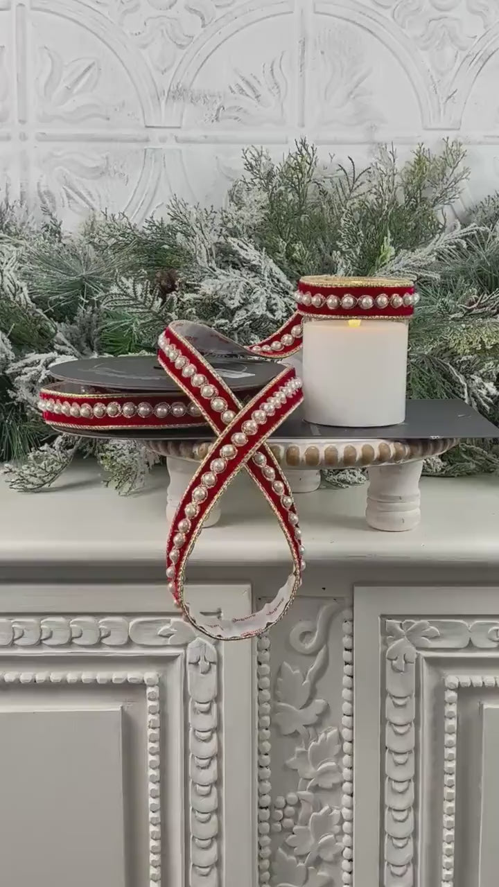 Farrisilk Pearl Border Ornamate, Red Velvet Adhesive Trim, Designer Holiday Wedding Pearl Trim