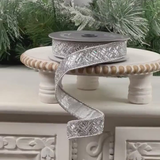 Silver Jeweled Ribbon, Farrisilk Designer Ribbon, Crystal Trim Holiday Ribbon, Luxury Wedding Ribbon, Elegant Wired Ribbon