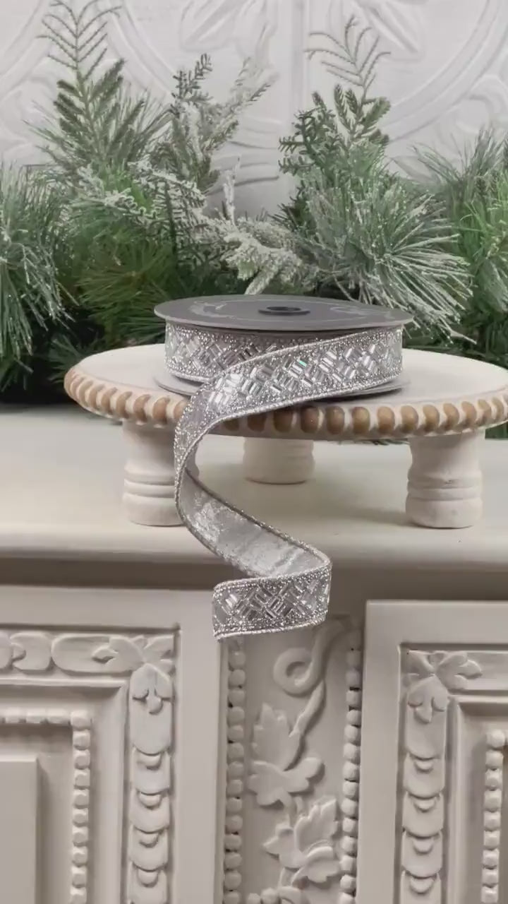 Silver Jeweled Ribbon, Farrisilk Designer Ribbon, Crystal Trim Holiday Ribbon, Luxury Wedding Ribbon, Elegant Wired Ribbon