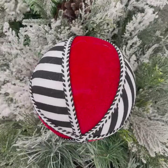 Striped Ornament Ball, Red Black White Christmas Ornament, Designer Holiday Decor, Tree Accent Ornament, Modern Fabric Ornament
