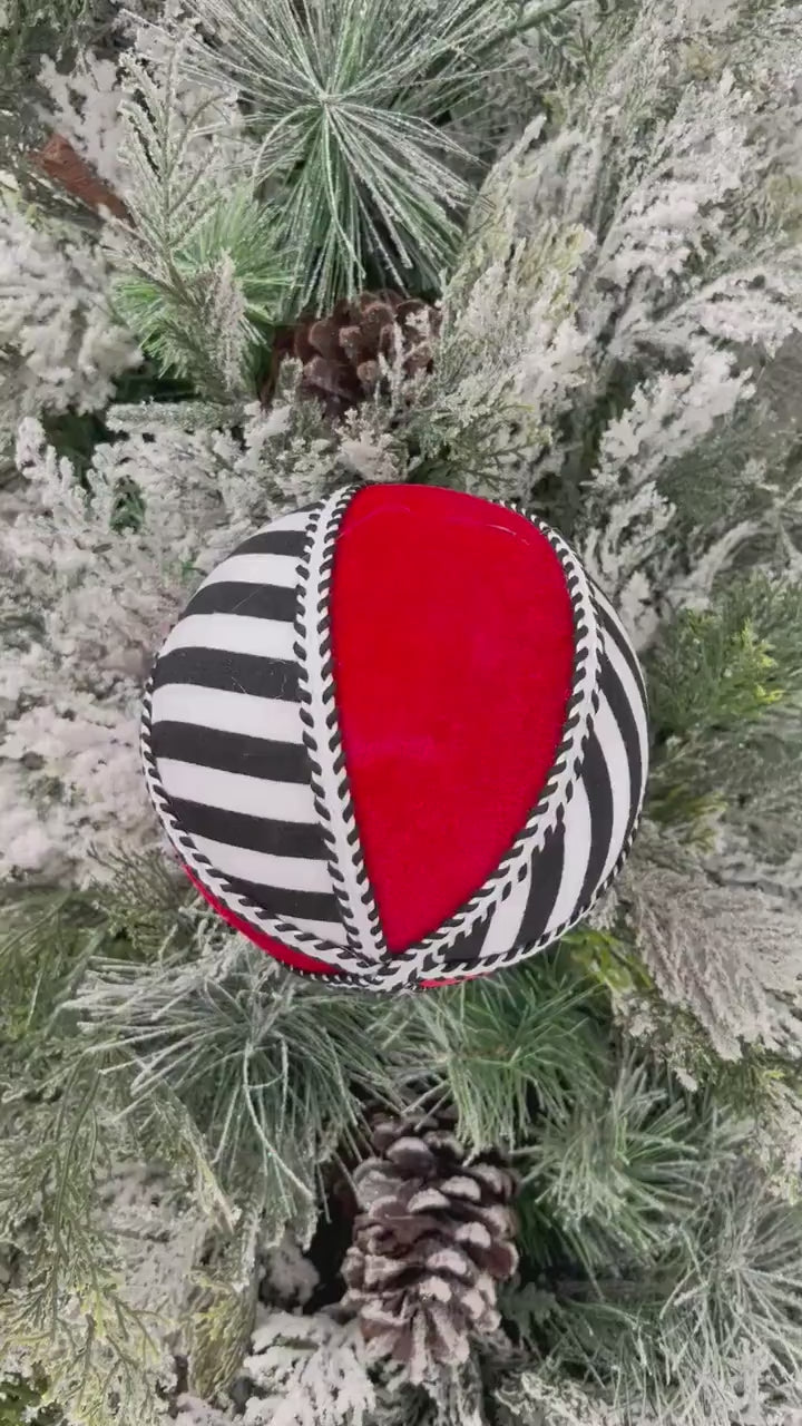 Striped Ornament Ball, Red Black White Christmas Ornament, Designer Holiday Decor, Tree Accent Ornament, Modern Fabric Ornament