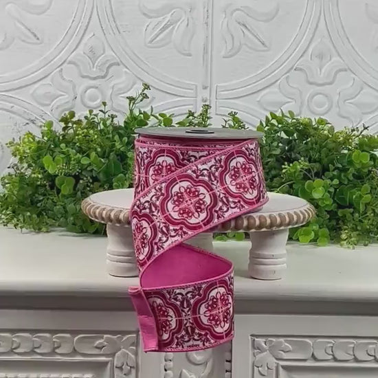Farrisilk Messina Ribbon, Double Sided Designer Ribbon with Pink Medallion Print, Year Round Wired Ribbon for Elegant Decor