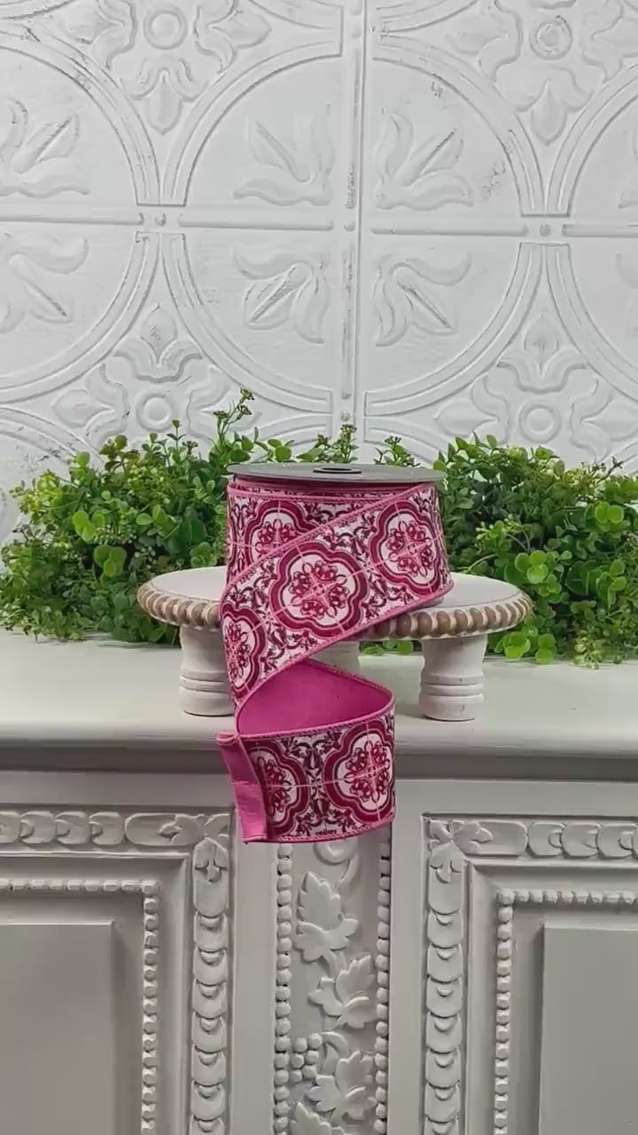 Farrisilk Messina Ribbon, Double Sided Designer Ribbon with Pink Medallion Print, Year Round Wired Ribbon for Elegant Decor