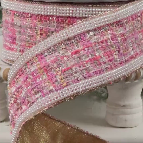 Exclusive DDW Pink Pearl Tweed Ribbon, Couture Designer Ribbon, Pearl Edged Gold Backed Ribbon, Luxury Holiday Trim