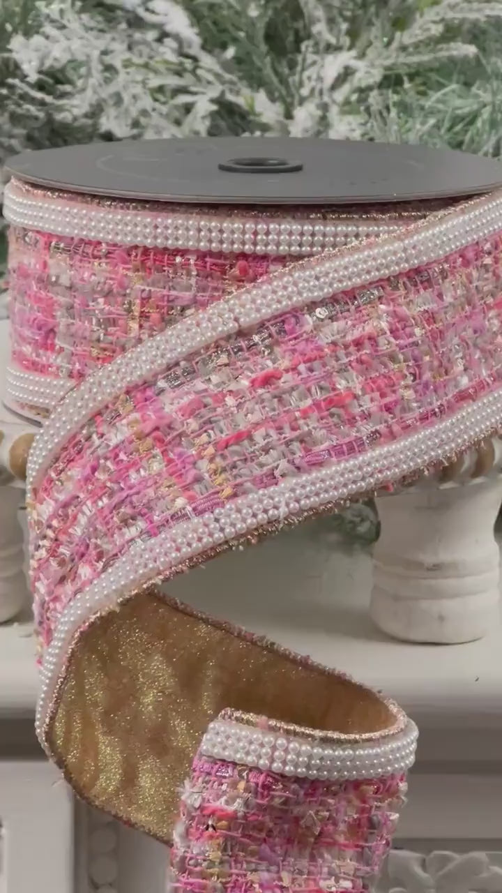 Exclusive DDW Pink Pearl Tweed Ribbon, Couture Designer Ribbon, Pearl Edged Gold Backed Ribbon, Luxury Holiday Trim