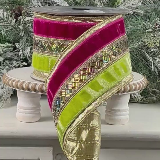 Farrisilk Hot Pink Lime Green Jeweled Velvet Ribbon, Designer Holiday Spring Wedding Decor Ribbon