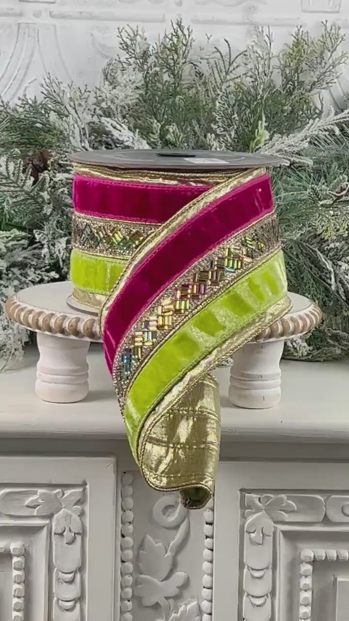 Farrisilk Hot Pink Lime Green Jeweled Velvet Ribbon, Designer Holiday Spring Wedding Decor Ribbon