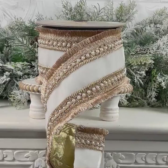 D Stevens Pearl Trim Velvet Ribbon, White Velvet Jeweled Ribbon, Gold Fringe Designer Ribbon, Luxury Wedding and Floral Decor