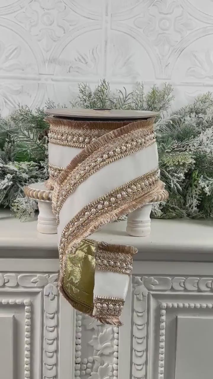 D Stevens Pearl Trim Velvet Ribbon, White Velvet Jeweled Ribbon, Gold Fringe Designer Ribbon, Luxury Wedding and Floral Decor