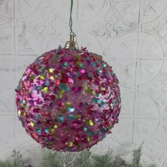 Pink Sequin Ornament, Farrisilk Christmas Bauble, Multicolor Beaded Ornament, Designer Holiday Decor, Glam Tree Ornament, Wreath Accent