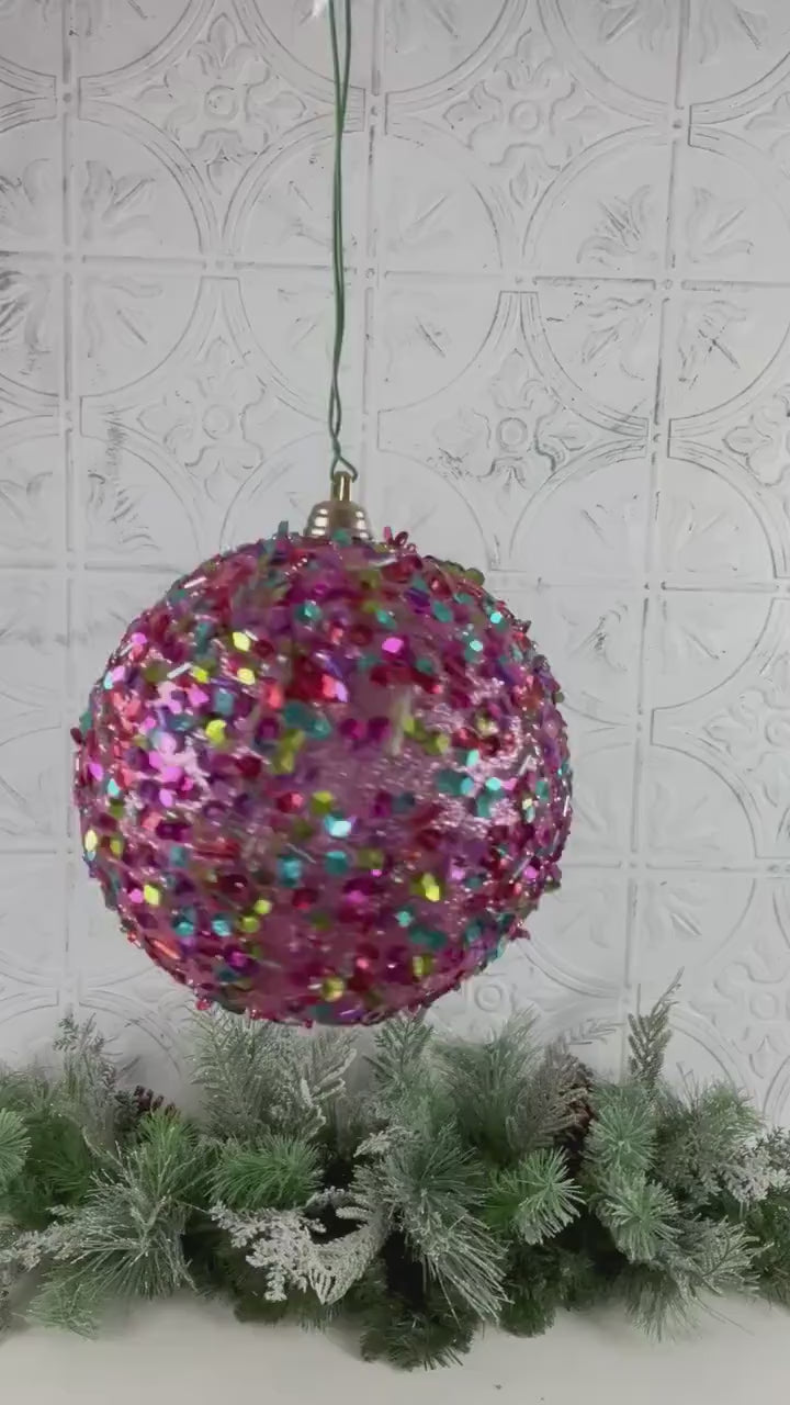 Pink Sequin Ornament, Farrisilk Christmas Bauble, Multicolor Beaded Ornament, Designer Holiday Decor, Glam Tree Ornament, Wreath Accent