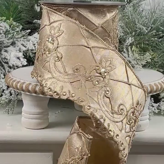 Farrisilk Scalloped Diamonds Ribbon, Champagne Embroidered Ribbon with Rhinestones, Jeweled Holiday Decor